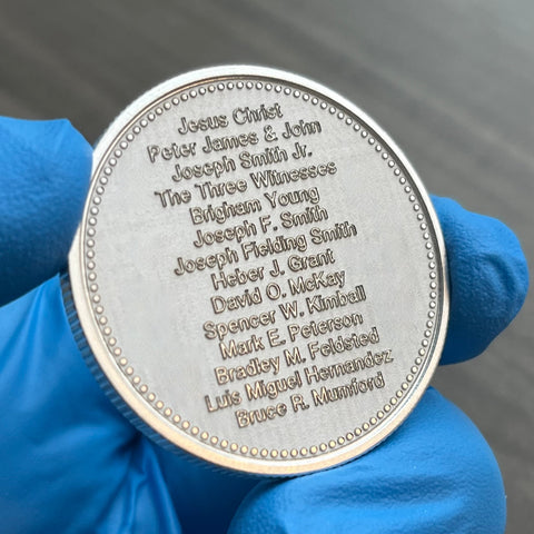 1 Troy oz .999 Fine Silver Coin w/ Priesthood Line.  Deep raised-relief engraving removes the background behind the text and creates a 3 dimensional text effect.  Exquisitely detailed. One-of-a-kind gift for LDS Men!  (back is blank)