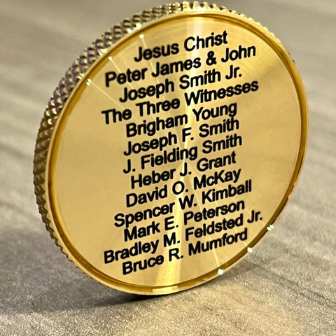 32mm Brass Coin w/ Priesthood Line. Block font. Has a heavy, substantial feel in the hand.  (back side is blank)
