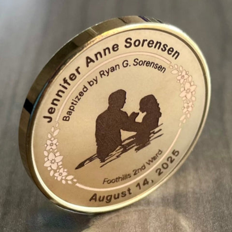 Baptism Commemoration Coin (Gift for 8-year-olds). Childs Name, Date, Ward, and person performing the baptism.  Includes your custom message on reverse. 34mm Solid bronze.
