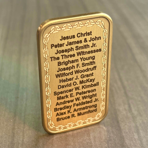 1oz. Bronze Bar w/ Custom engraved Priesthood Line of Authority. Symbolic chained border design. For LDS Elders, High Priests, Missionaries